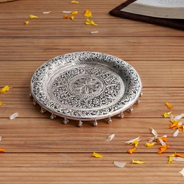 SMILES GIFT Silver Plated Pooja Thali Set 6 Pc with Diya, Kalash & Bowls Brass