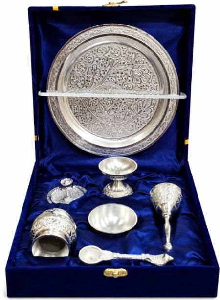 Orelya Pooja Thali Set for puja with Decorative Pooja Accessories, Silver Finish 20Cm Aluminium