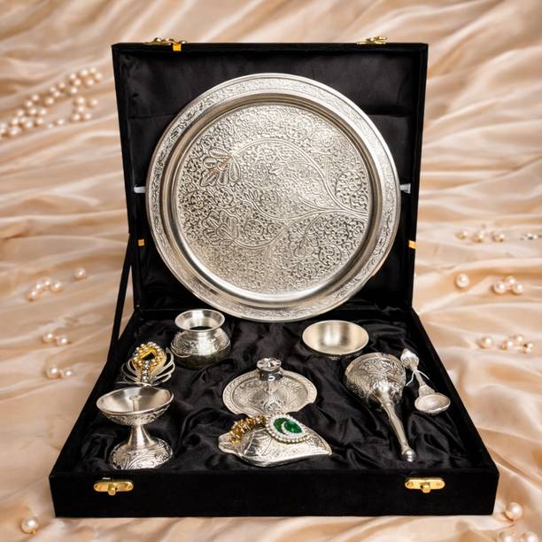 Northland Pooja Thali Kalash Tilak Stick Bowl Spoon Agarbatti Stand Bell Diya Sindoor Box Silver Plated