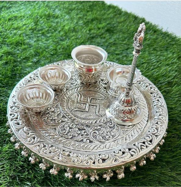 RABHYA HANDICRAFTS Germen Silver Aarti Thali with Bell, Diya ,Kalash & Kumkum Bowls Brass