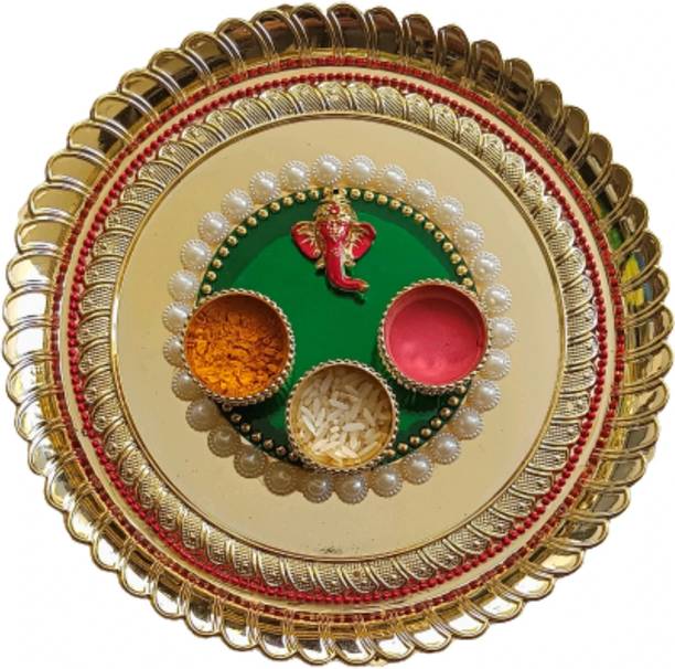 P A HEALTH AND FITNESS Decorated Acrylic Pooja Thali/Haldi Kumkum Box/Rakhi Plate[8 Inch][Medium] Gold Plated