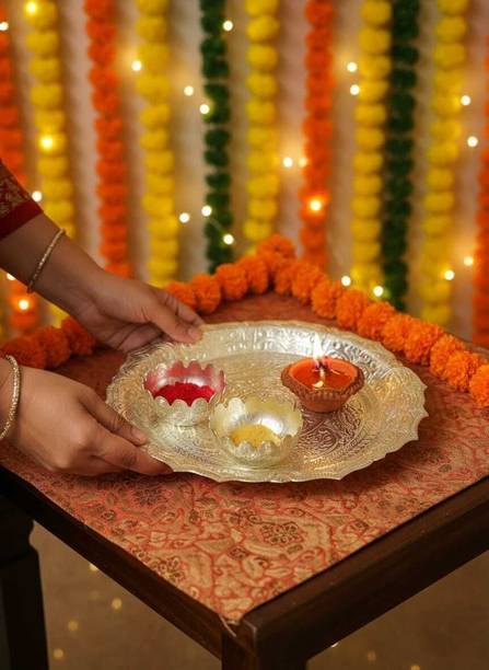 HERITAGE DECOR Silver Plated Pooja Thali Set – 10.5 Inch Embossed Plate with 3 Bowls Silver Plated