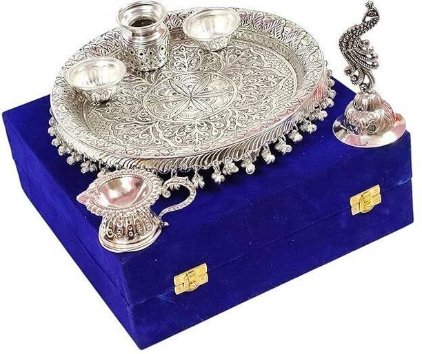 GOVIND ART Silver Plated Pooja Thali Set with Peacock Bell,Kalash,Diya,2 Bowls & Valvet Box Brass