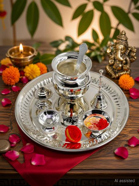 ME&YOU Silver Plated Puja Thali with Rali Chawal and Kalawa, For Diwali Pooja| Dhanteras | Navratras | Bhaidooj | Durga Pooja Silver Plated