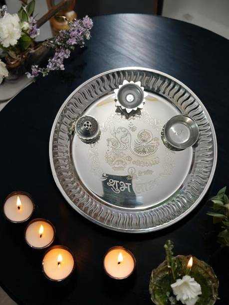 Duman Puja Thali Set Incense Holder,Camphor Burner Kumkum Box&Diya for Diwali Stainless Steel