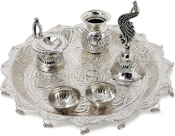AKSHAT ENTERPRISES Handcrafted Silver Plated Pooja Thali Set with Diya, 2 Bowls & Kalash Brass