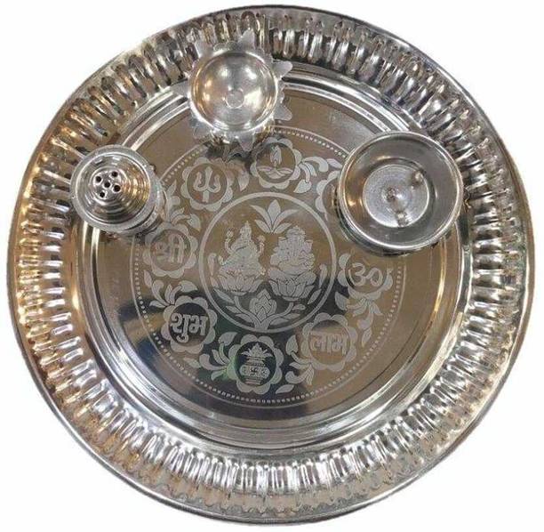 Zinger Stainless Steel Pooja Thali Set with Diya, Agarbatti Stand & Kumkum Bowl 12INCH Steel