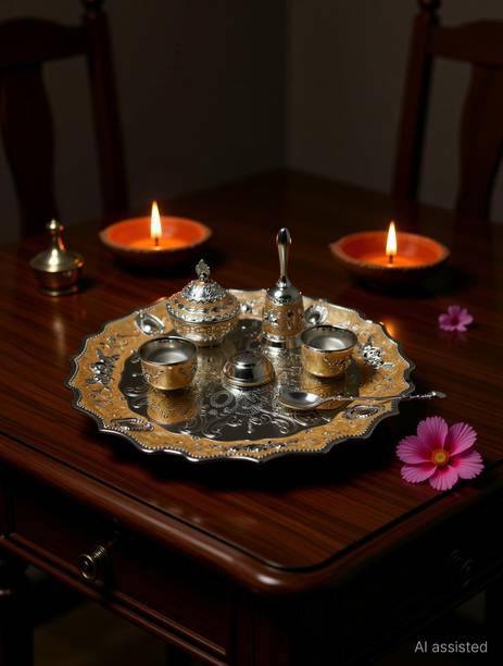 DECOVATE German Silver Pooja Thali Set | Diwali, Navratri, Gift Silver Plated