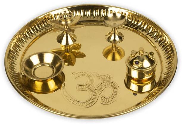 Klassic Om Engraved Puja Thali Set with Aarti Diya, Agarbatti, Akshat, Kumkum Holder Brass