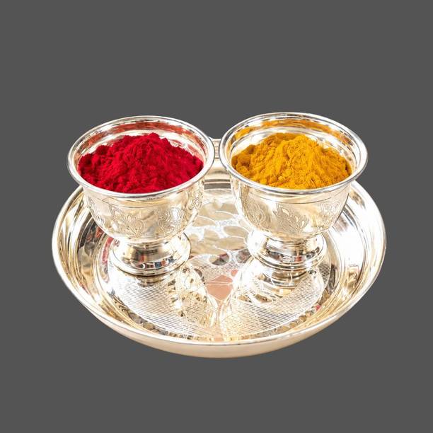 SVC Handicrafts German Silver Pooja Thali Plate Haldi Kumkum Holder Silver Plated Pooja Thali Silver Plated