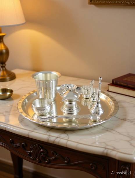 GoldGiftIdeas 8 Inch Arpan Pooja Thali, Pooja Items For Home Silver Plated