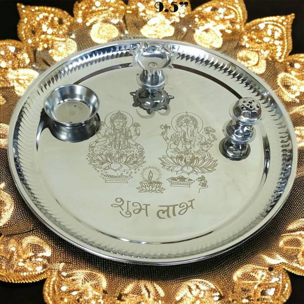 Youandhome 9.5" stainless steel pooja thali with kumkum katori, agarbatti stand with deepak Stainless Steel