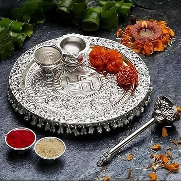 RABHYA HANDICRAFTS Brass Pooja Thali Set with Swastik Engraving, Diya, Kumkum Holders & Bell Brass