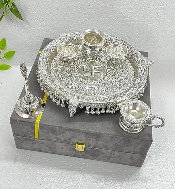 SHRI KAILA MAI TRADERS German Silver Antique Pooja Thali with Mandir Pooja Plate Set with Velvet Box Brass