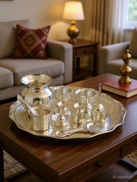 semora Aaradhna German Silver Pooja Thali Set – 13 Piece Silver Plated Puja Thali Steel