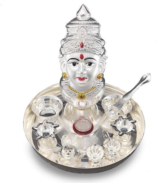 BENGALEN Pooja thali Set with Varalakshmi Devi Mukhota Idol for Festival lakshmi Puja Silver Plated
