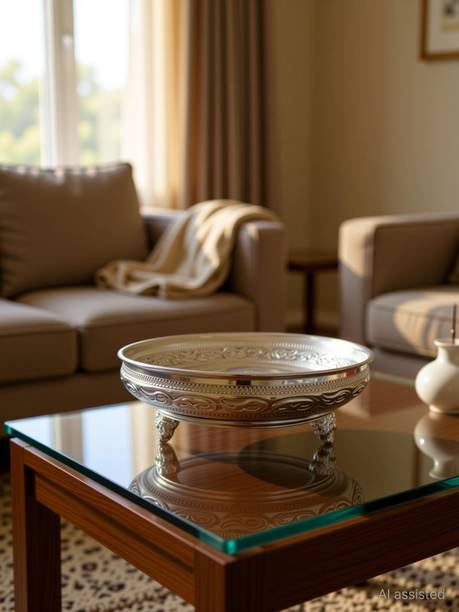 Sigaram German Silver 6 Inch Floral Design Plate With Stand For Home Pooja Decore K4492 Silver Plated