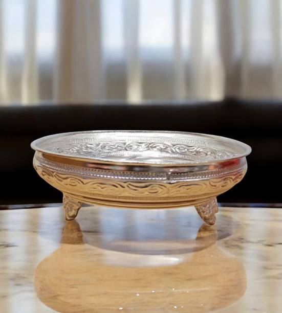 Sigaram German Silver 6 Inch Floral Design Plate With Stand For Home Pooja Decore K4492 Silver Plated