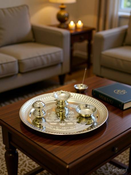ME&YOU Silver Plated Pooja thali for Diwali Pooja | Navratras | Dhanteras | Bhaidooj and Gift for Friends & Relative Silver Plated