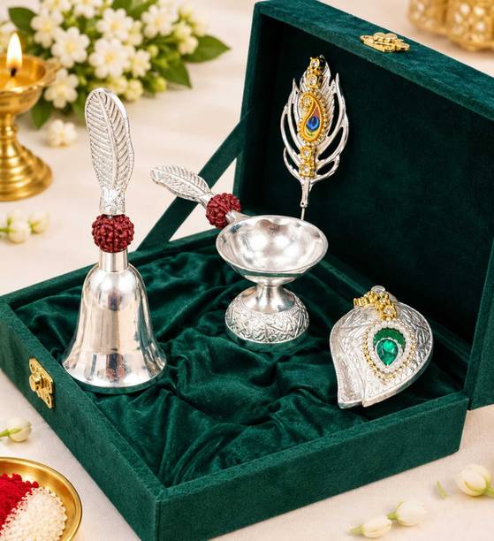 AYERA DESIGN German Silver Pooja Thali Set with Velvet Gift Box (4 Items + 1 Box) Aluminium