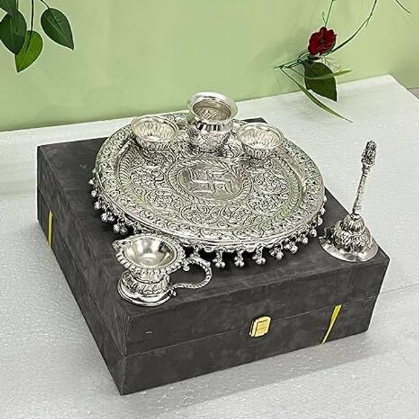 SHRI KAILA MAI TRADERS German Silver Antique Pooja Thali Mandir Decorative Plate Set Rakhi, Velvet Box Brass