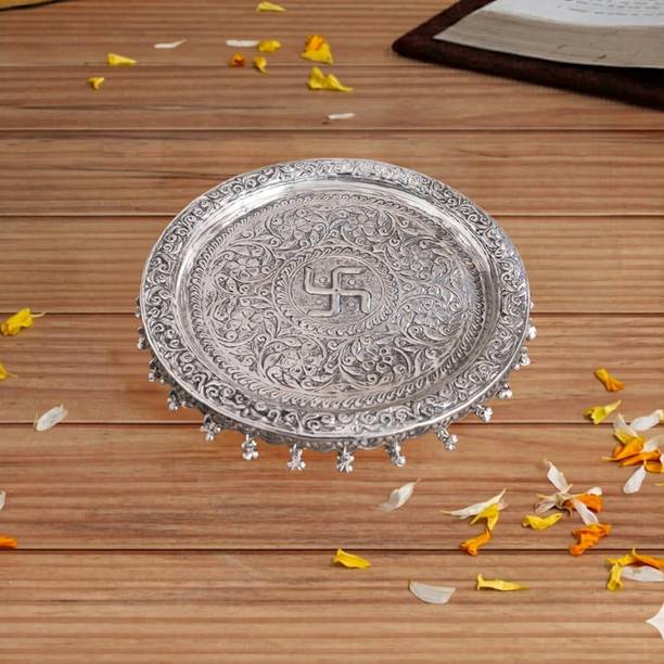 SMILES GIFT Silver Pooja Thali Set with Swastik Design, Diya & Bowls (6 Pc) Brass