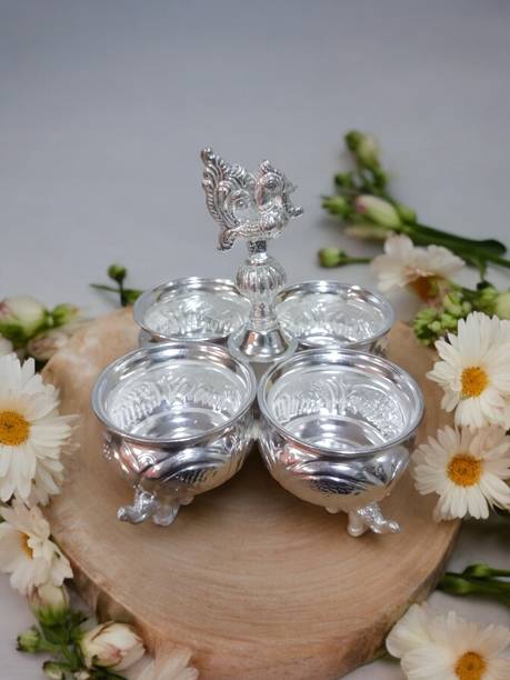Sigaram German Silver 4Cup Panchwala with Peacock Handle For Home Pooja Decor K4002 Silver Plated