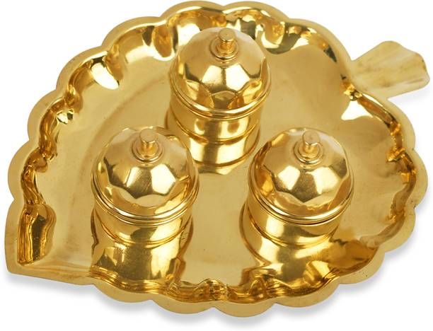 Rudra Centre Brass Peepal Leaf Plate with Haldi Kumkum Akshat Rice Containers (Dibbi) Brass