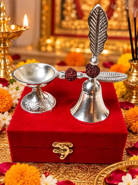 ORIONE HOM KREATION Puja Bell and Handle Diya Set with Velvet Box, Aluminium