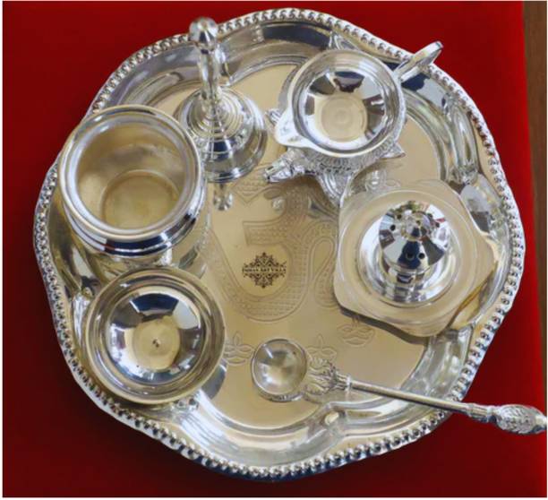 IndianArtVilla IndianArtVilla Handmade Decorative Silver Plated Om Design Pooja Thali Aarti Thali Set of 7 pieces with Gift Box Packing - Temple Workship Festivals Occasion Home Decore Gift item Silver Plated