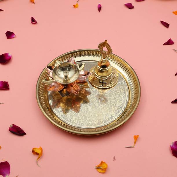 Flipkart SmartBuy Handcrafted 100% Brass Flower Pooja thali | Plate Set With Lotus diya & Bell Brass