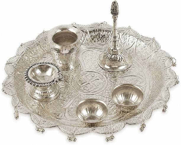 GOVIND ART German Silver Pooja Thali Set with Swastik Design Ghungroo Border Silver Plated Brass