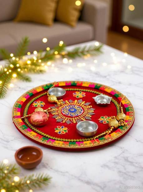 vrenterprise ​VR-DECOR-THALI-RED-1 pooja thali Steel
