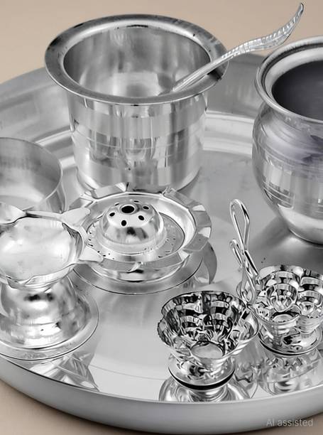 Om Pooja Shop Stay Tattva Prayer Thali Set in German Silver Silver Plated