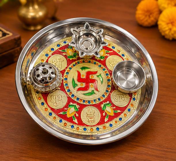 Houseofpreetam Stainless Steel Pooja Thali with Decorative and Multiple Pooja Compartments Steel
