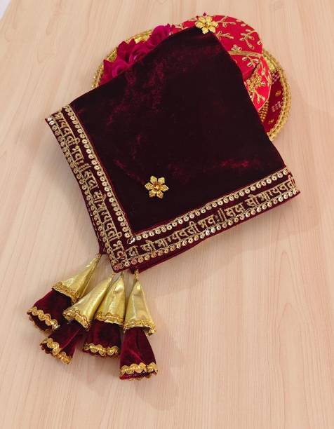 Wedlock Velvet Thal Cover with Golden Lace for Pooja, Karwa Chauth & Festivals Silk