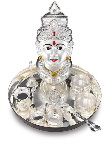 BENGALEN Silver Plated Pooja thali Set with Devi Varalakshmi Mukhota Idol Silver Plated