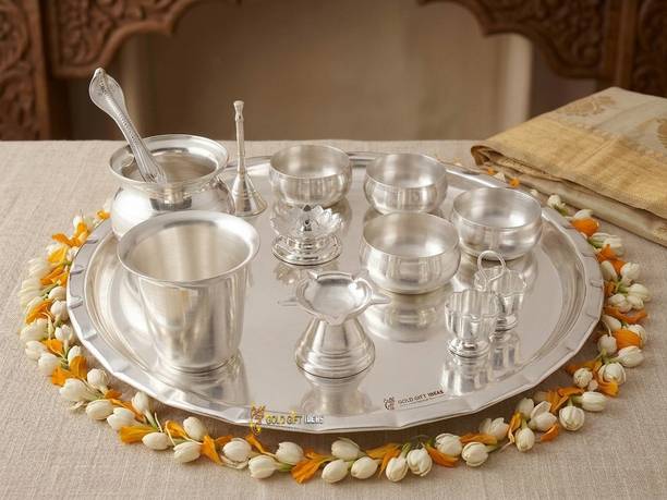 GoldGiftIdeas 12 Inch Sarovar Pooja Thali Set Silver Plated