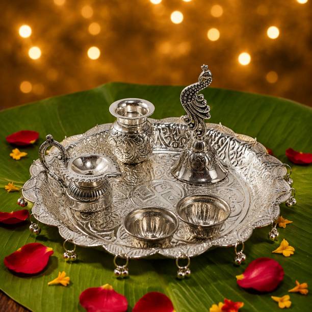 GOVIND ART German Silver Pooja Thali Set with Ghungroo Border | Silver Plated Decorative Brass