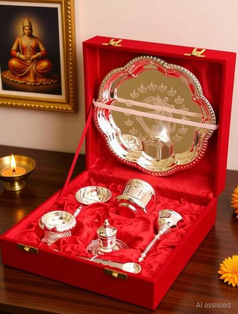 IndianArtVilla Worship Plate, Pooja Thali Silver Plated