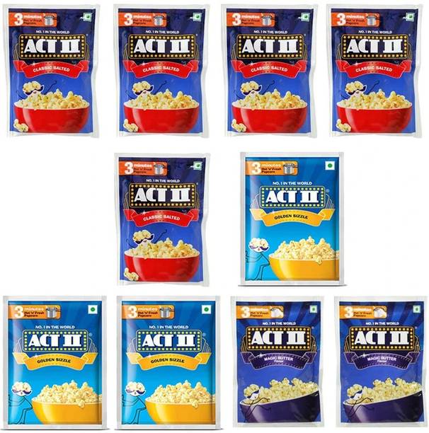 ACT II 5 Classic,3 Golden Sizzle, 2 Magic FlavourPopcorn,Each 40g (400g,Pack of 10) | Classic Salted, Golden Sizzle, Magic Butter Popcorn