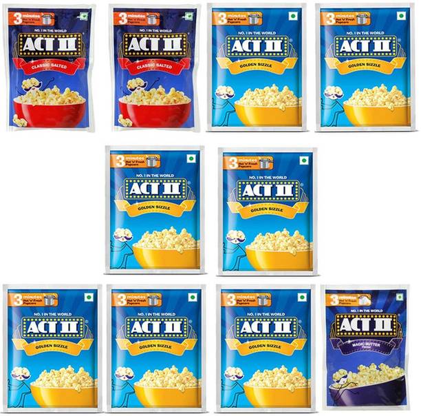 ACT II 2 Classic,7 Golden Sizzle,1 Magic FlavourPopcorn,Each 40g (400g,Pack of 10) | Classic Salted, Magic Butter, Golden Sizzle Popcorn