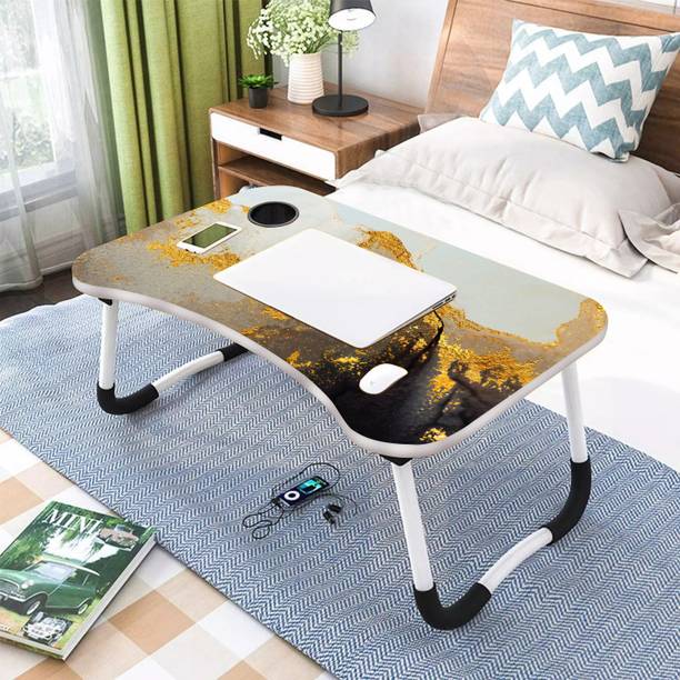 KAIZONE Foldable Laptop Table with Cup Holder | Mac Holder | Study Table Rounded Edges Wood Portable Laptop Table