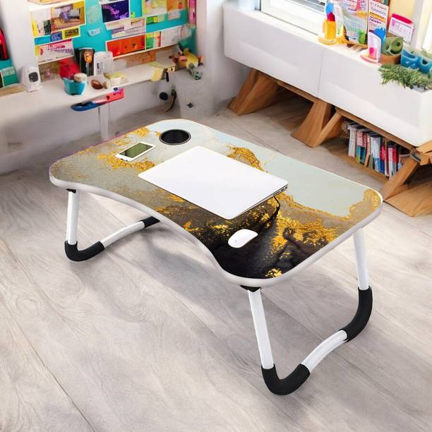 kitchoff Foldable Laptop Table with Cup Holder | Mac Holder | Study Table Rounded Edges Wood Portable Laptop Table