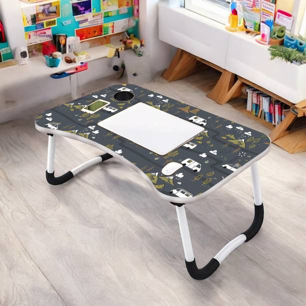 AKDIE Foldable Laptop Table with Cup Holder| Study Table Rounded Edges Wood Portable Laptop Table