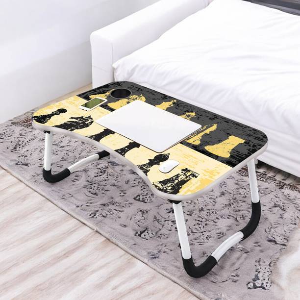 KAIZONE Foldable Laptop Table with Cup Holder | Mac Holder | Study Table Rounded Edges Wood Portable Laptop Table