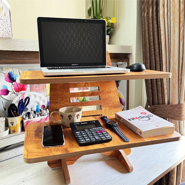 KAWACHI 9 Step Height Adjustable Laptop Standing Desk Riser Sit-Stand Desk Converter Wood Portable Laptop Table