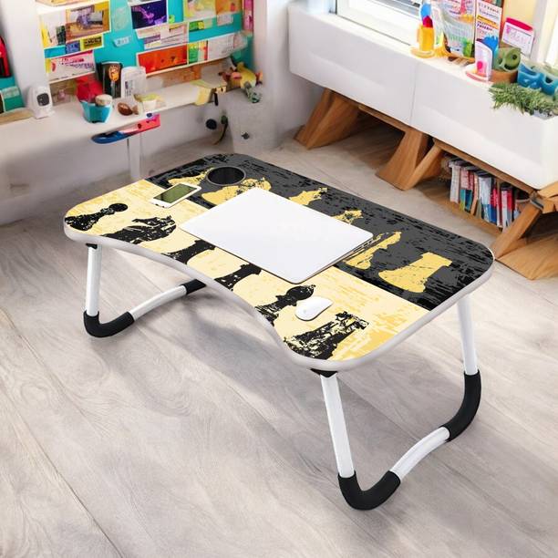 AKDIE Foldable Laptop Table with Cup Holder | Mac Holder | Study Table Rounded Edges Wood Portable Laptop Table