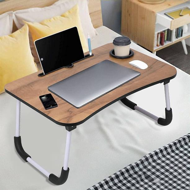 Floresta Wud SOLID BROWN Colored Folding Multi Use Table With Tablet & Cup Holder || Wood Portable Laptop Table