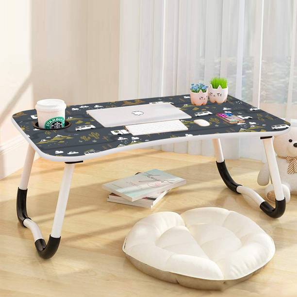 KAIZONE Foldable Laptop Table with Cup Holder | Mac Holder | Study Table Rounded Edges Wood Portable Laptop Table